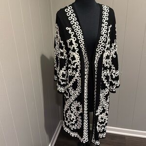 Once Again black white flat corded embroidered stretch duster/ling cardigan. 2X